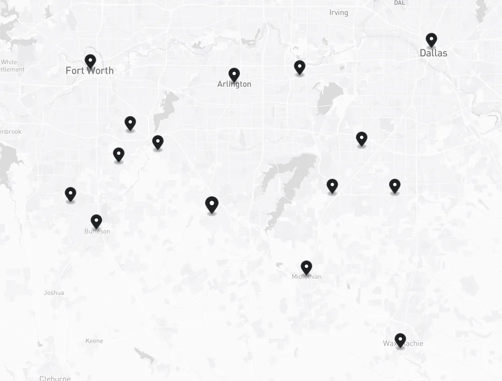Map of Sanders and Sons Property Development service areas across Dallas-Fort Worth